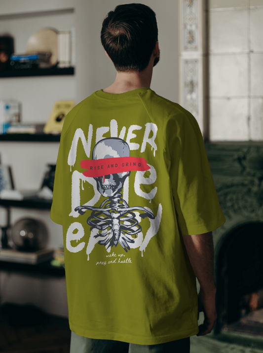 Unyielding Resolve: 'Rise and Grind Never Die Easy' Drop-Shoulder T-Shirt